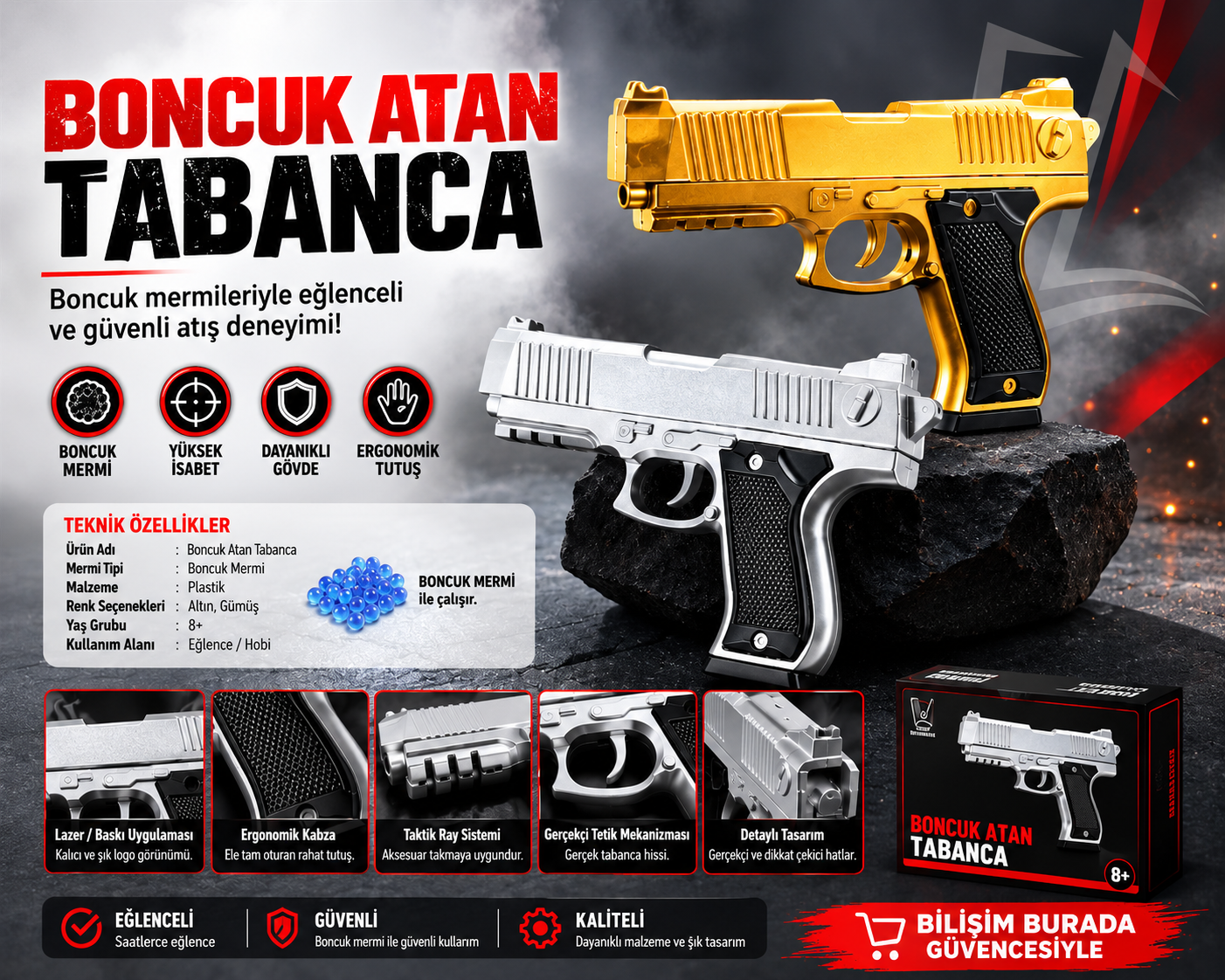 BONCUK ATAN GOLD VE SİLVER TABANCA 21cm x 15cm